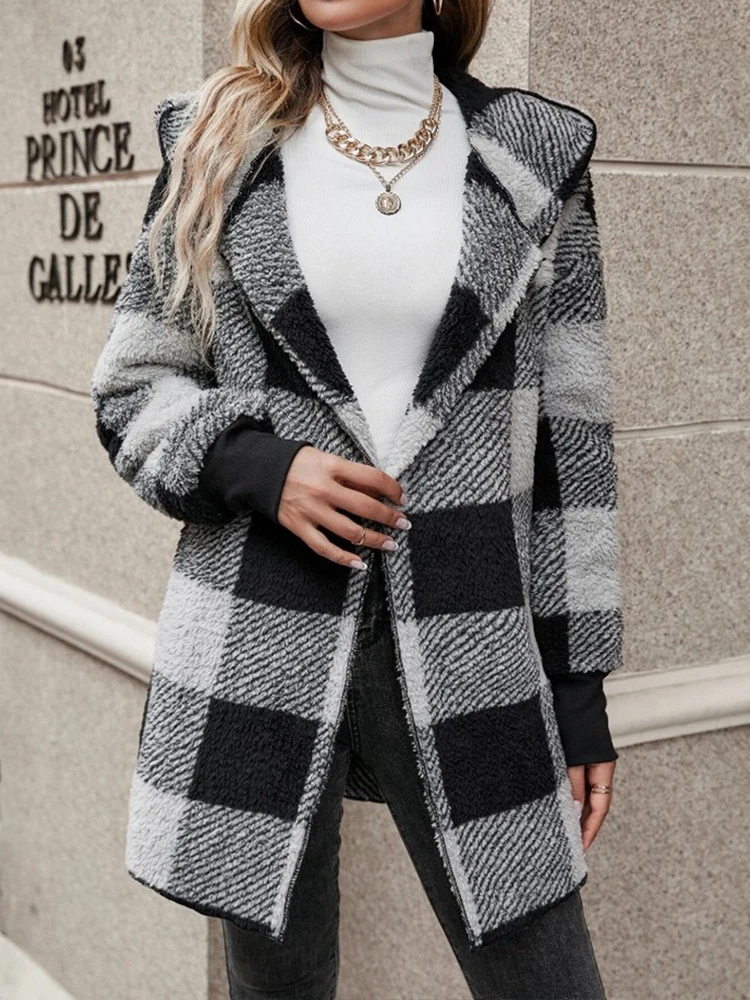 2024 Winter Plaid Color Block Women Cardigan Hooded Loose Ribbed Long Sleeved Sweaters Warm Plush Comfortable Knitted Clothing