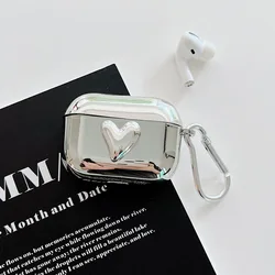 Luxury Electroplated Silver Earphone Box For Airpods 4 Case for AirPods 2 3 pro 2 nd Cover Simple Abstract Heart Keyring Shell