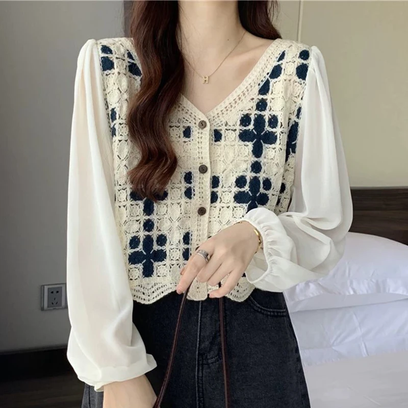 여성 블라우스 크로 셰 뜨개질 니트 퍼프 슬리브 버튼 프론트 오픈 워크 자르기 탑 여름 십대 소녀 보헤미안 비치 페스티벌 복장