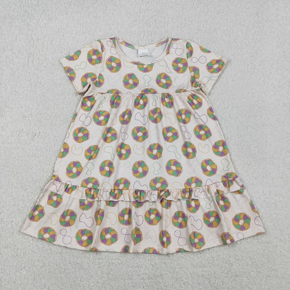 

Оптовая продажа, детские платья до колена с короткими рукавами и пончиками, одежда для маленьких девочек, одежда для Марди Гра, платье с рюшами для маленьких девочек