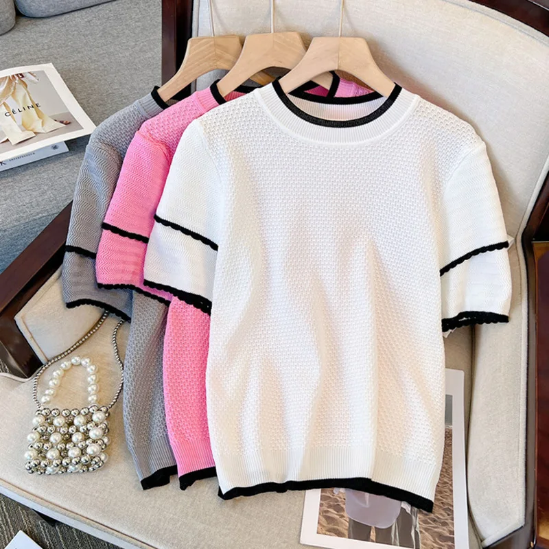 

Women Spring Summer Knit Tee O Neck Short Sleeve Harajuku T-Shirt Vintage Plus Size M-4XL Casual Loose Pullover White Blue Tops