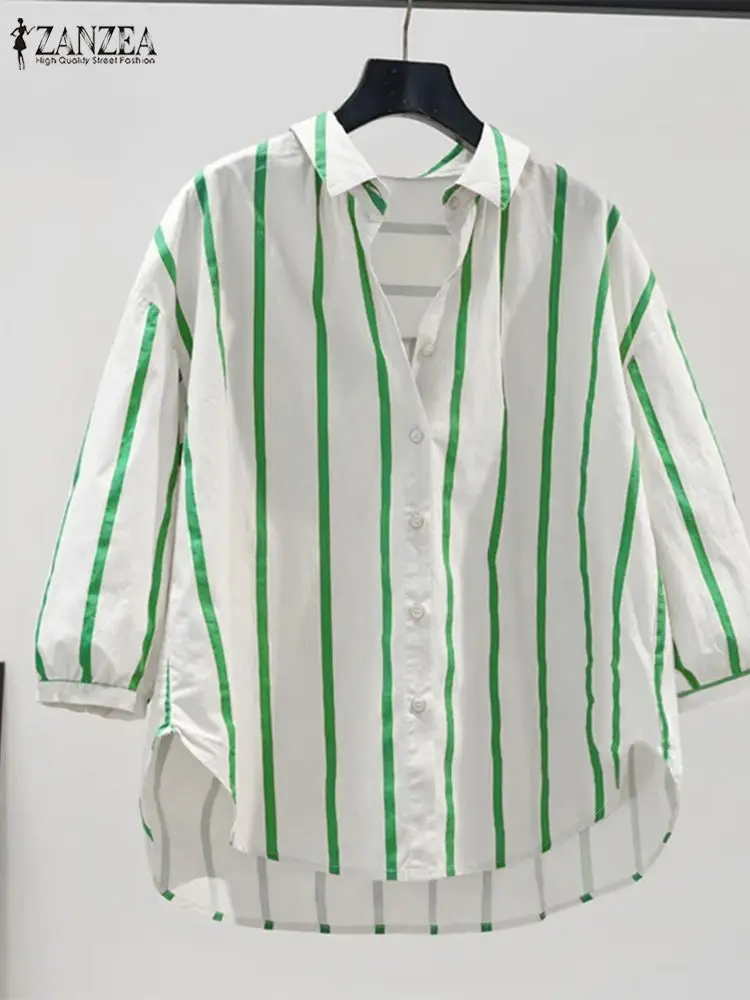 

Осенняя полосатая блузка с рукавом 3/4 ZANZEA 2024, Женская Офисная рубашка с воротником с лацканами, повседневные женские топы на пуговицах, Свободная Женская блузка