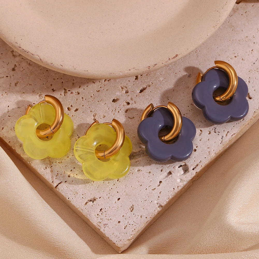 E.B.belle Resin flower Accessories Hoop Earrings Y2K Women's Earrings 18K Gold Plated Colorful Tarnish Free 316L Stainless Steel