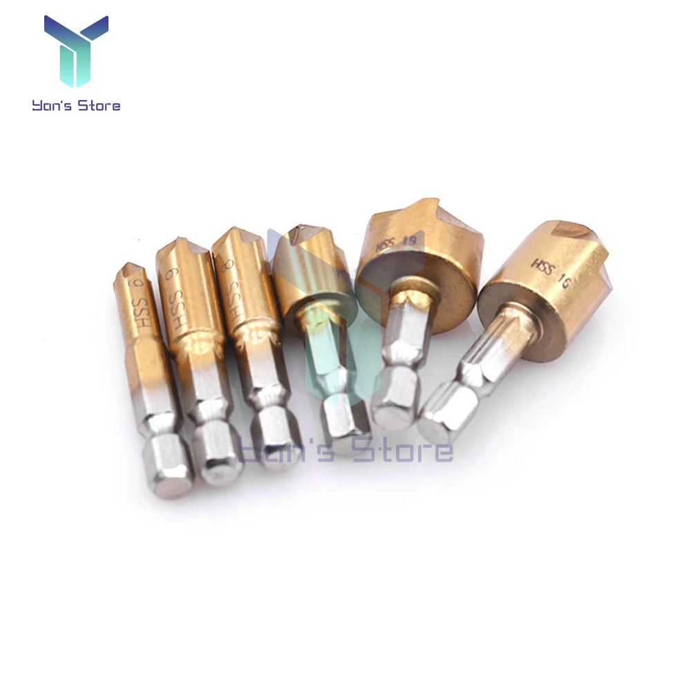 6Pcs Hexagonal Handle Titanium Plated Chamfering Knife Countersunk Drill 6-19mm HSS Deburring Cutter Woodworking Spot Facer Tool