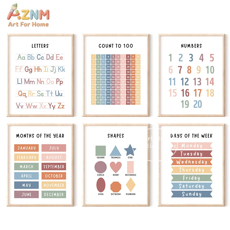 AZNM Boho Educational Canvas Wall Art Alphabet Number Counting Shape Month Week Nursery Kids Learning Pastel Aesthetic Unframed