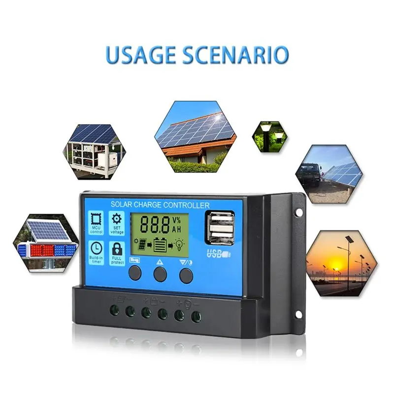 B27B LCD Display 30A Solar Charge Controller 12V/24V USB Port With DC Input Hole Photovoltaic System