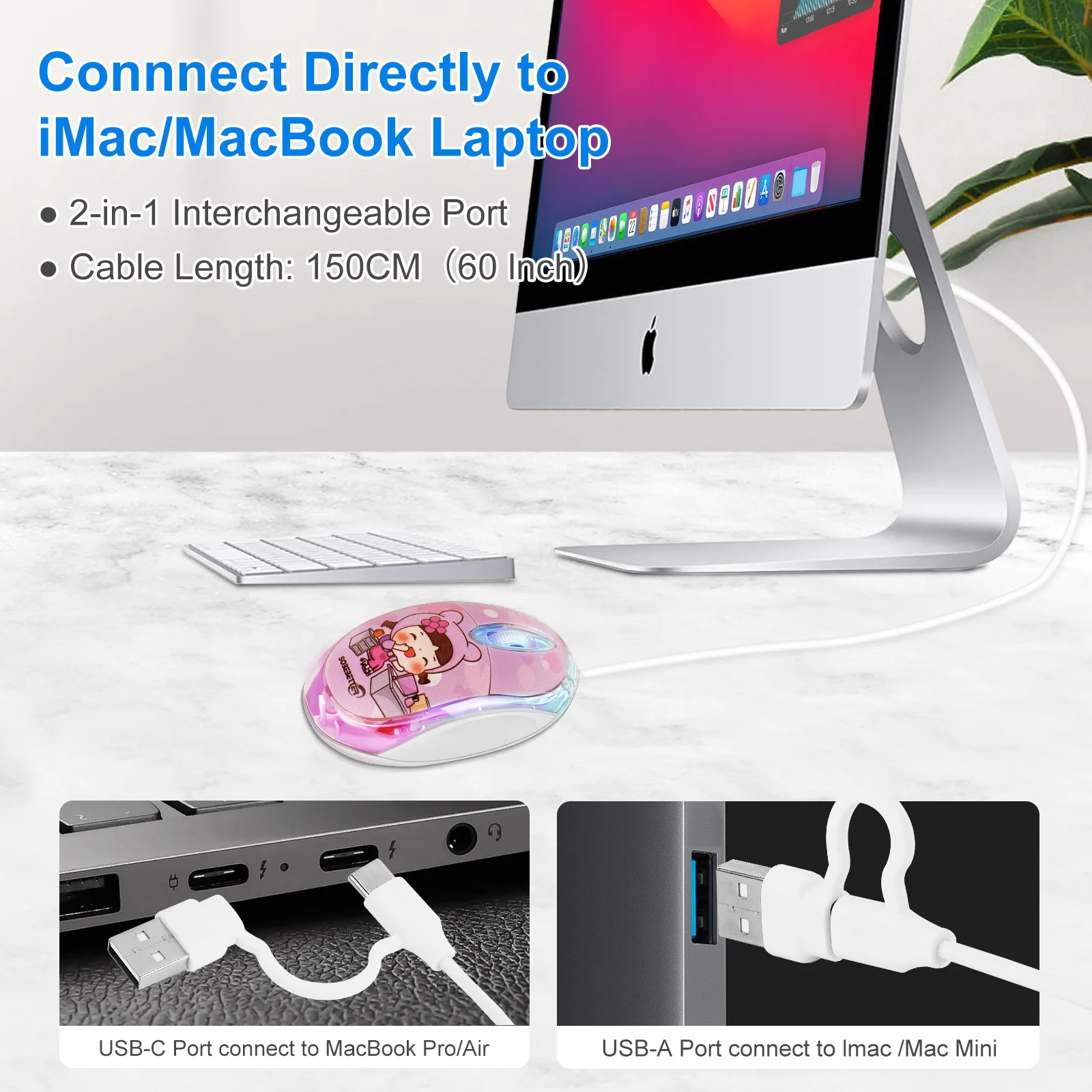 Ergonomic Type-C/USB Dual Port Wired Mouse, Compatible with Mac, Desktop PC, Smartphone and Tablet, Comfortable Office and Study