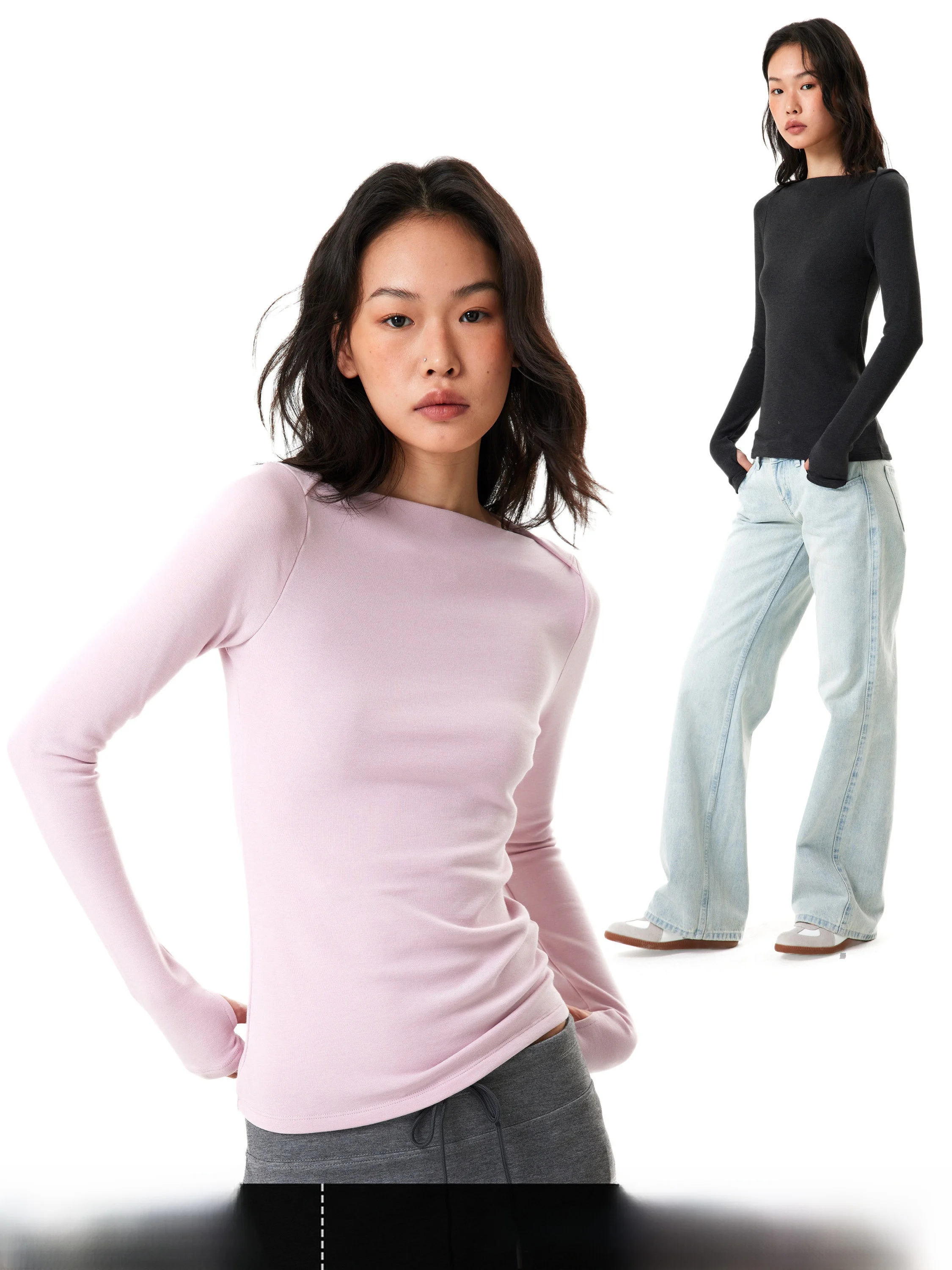 Pink One-Shoulder Long-Sleeve Slim-Fit T-Shirt Women's Casual Style Spring Autumn GO GO BURN Brand Base Layer Top