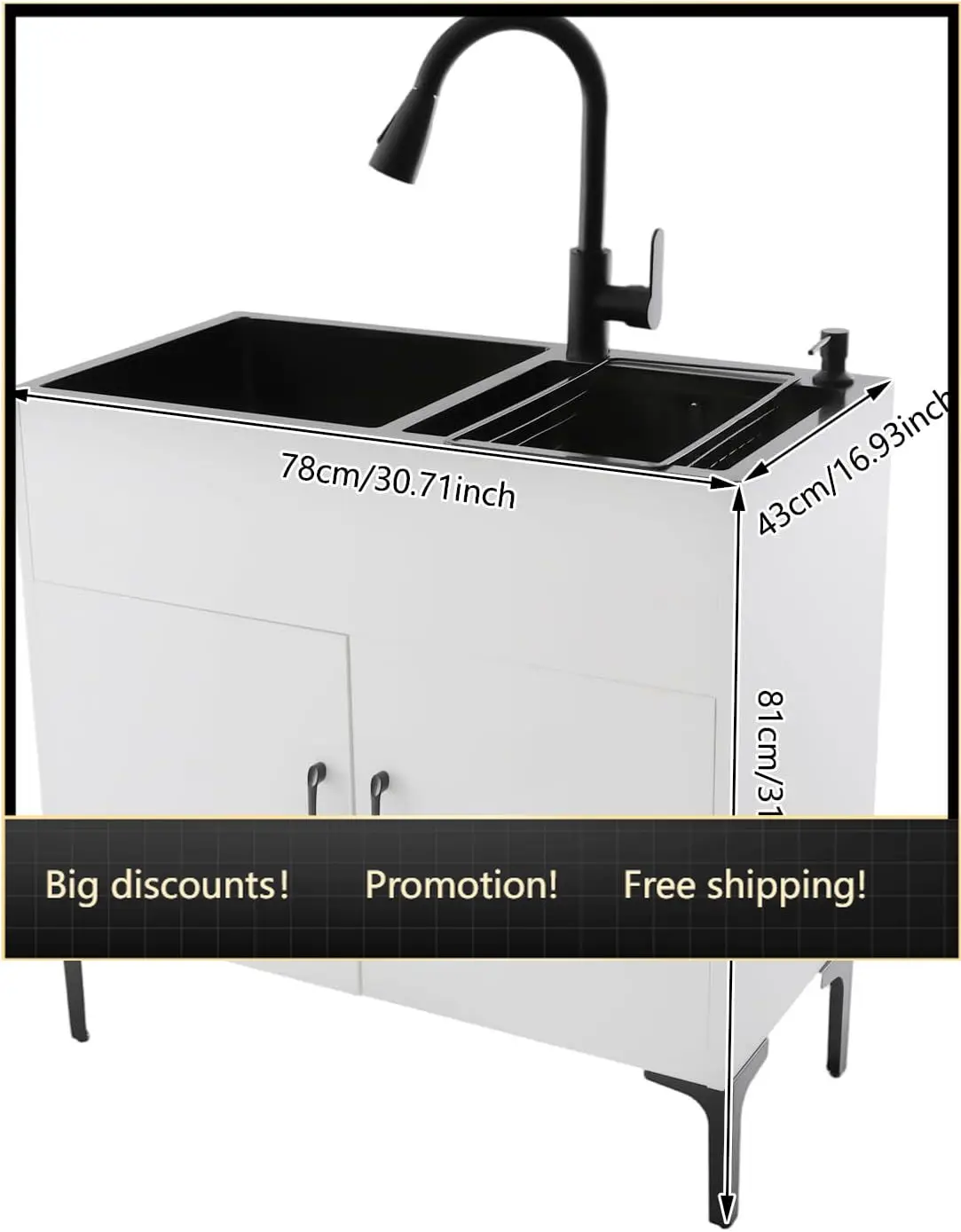 

31-дюймовый шкаф для прачечной с двойной раковиной, раковина из нержавеющей стали и выдвижной смеситель, отдельно стоящий, для кухни, ванной комнаты, прачечной