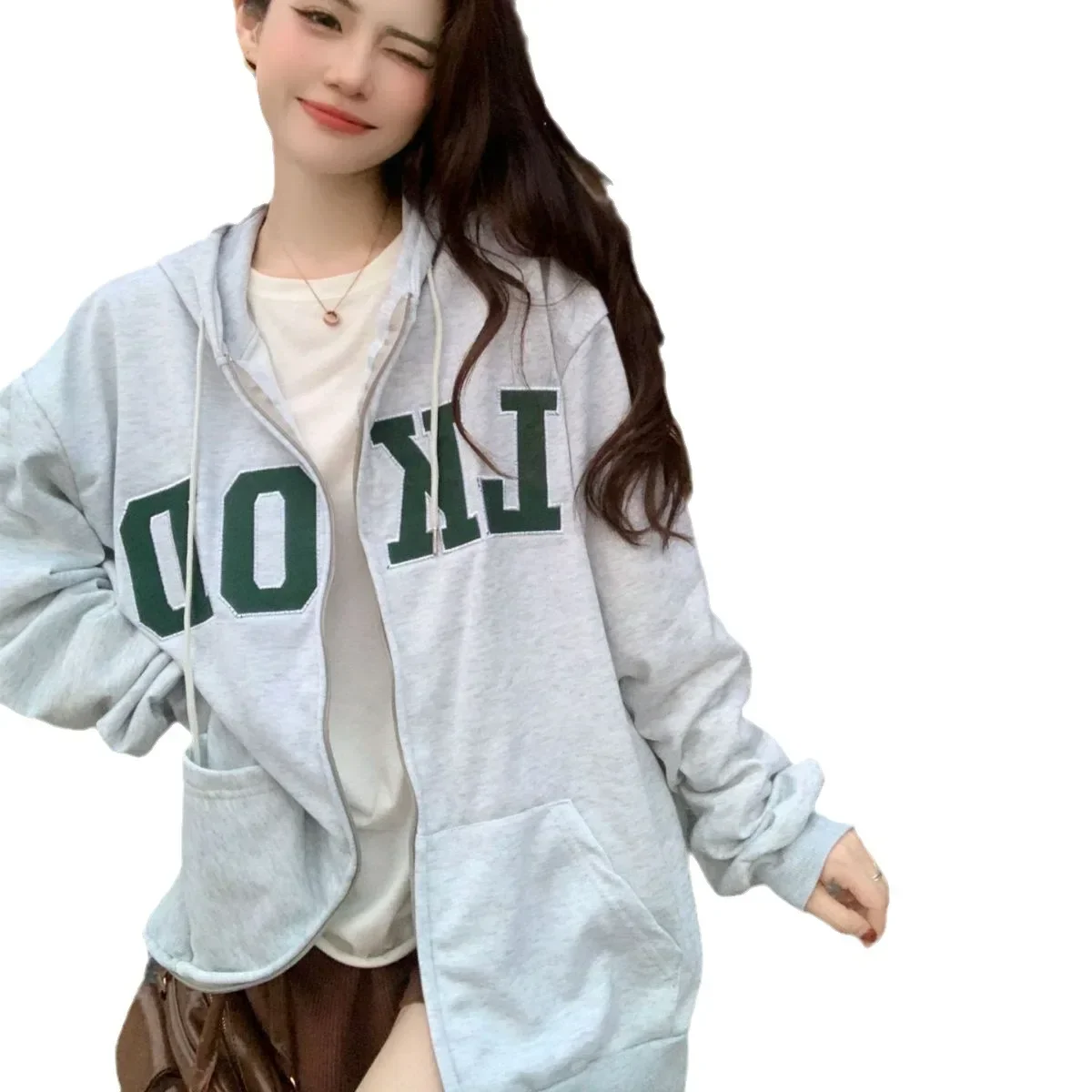 2023 Spring Autumn Europe America Vintage Printed Letters Hooded Zipper Coat Women Thin Loose Casual Hoodie Y2k Zip Sweatshirt