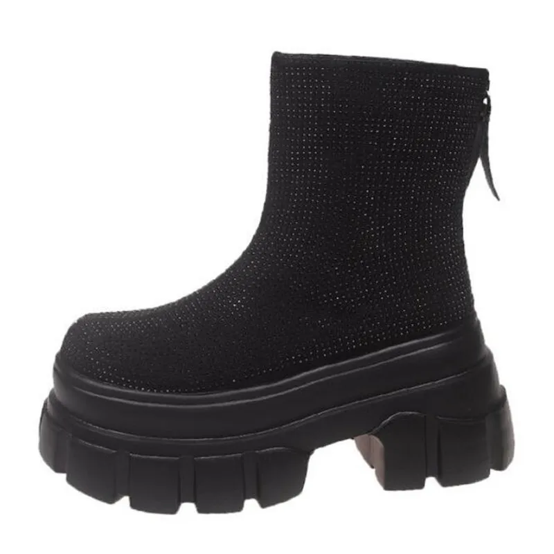 

New Fashion Bling Crystal Chunky Ankle Boots for Women Luxury Rhinestones Winter Shoes Woman Thick Bottom Platform Flat Boots