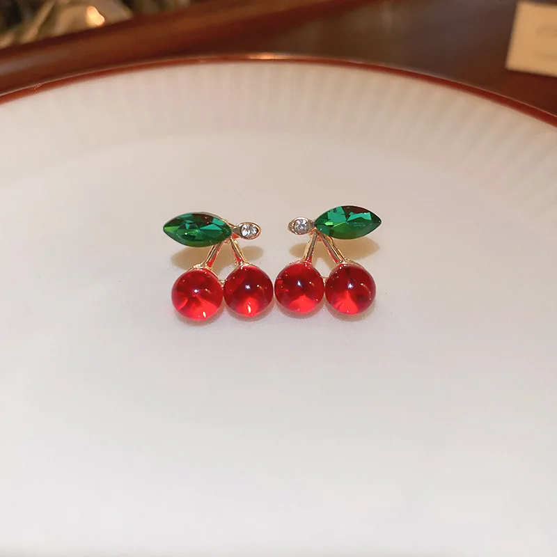 Sweet Rhinestone Glass Cherry Fruit Stud Earrings for Women Girl Exquisite Versatile Fashion Accessories