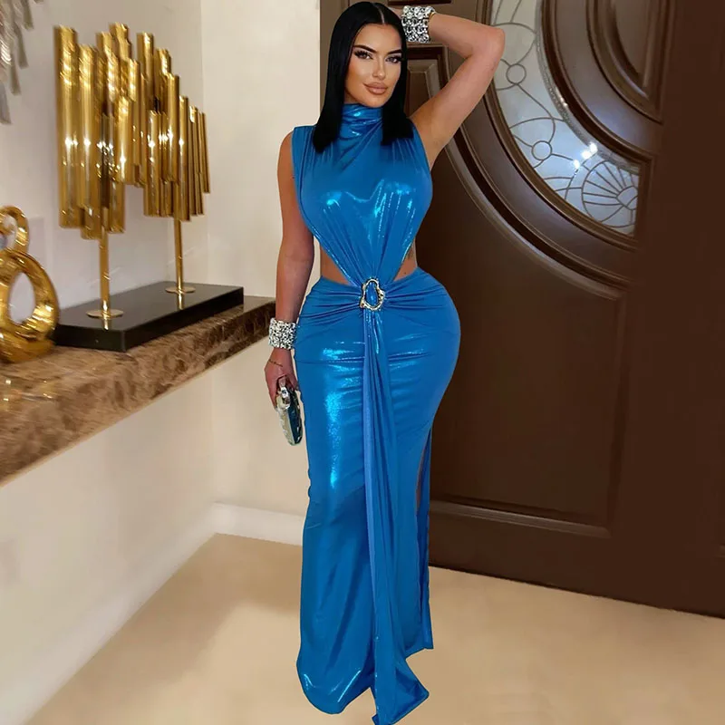 Doyerl Elegante Mettalic Party Abendkleider Frauen Nachtclub Promi Metall Ring Band Geraffte Prom Bodycon Maxi Kleid Robe