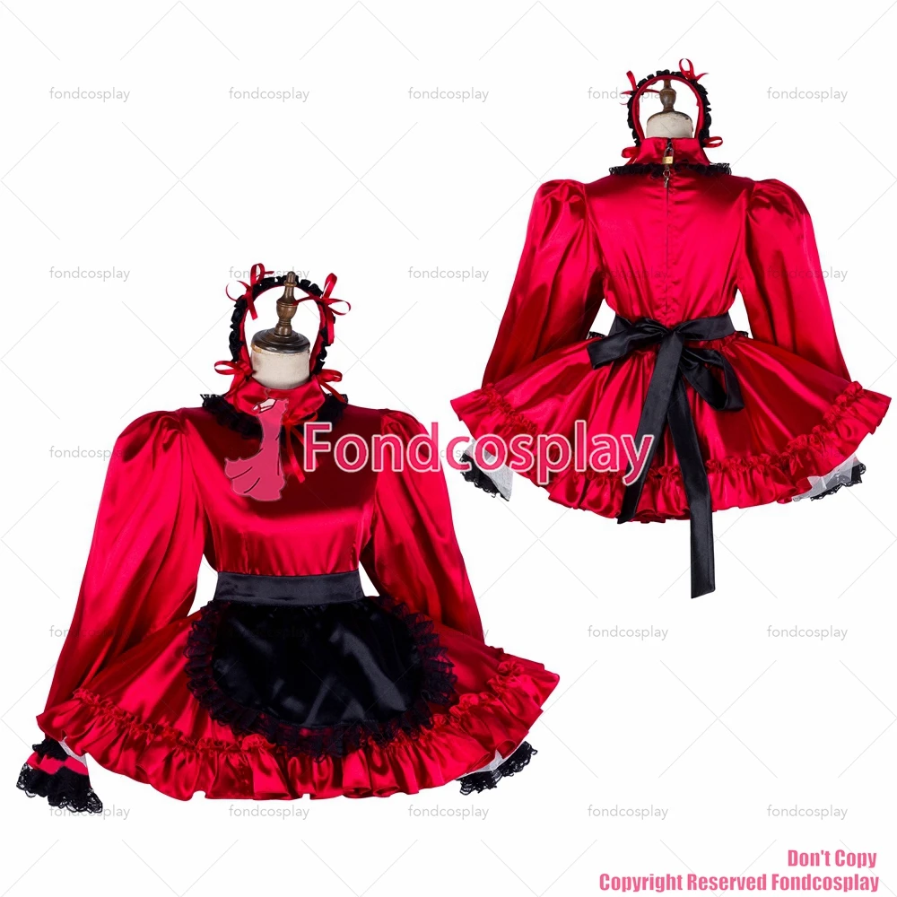 

fondcosplay adult sexy cross dressing sissy maid short red satin dress lockable Uniform black apron costume CD/TV[G2034]