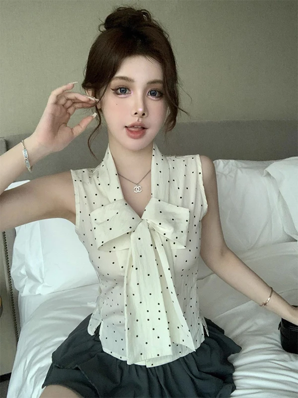 

Женский летний сексуальный топ Pure Desire Sweet Spicy Girl с узлом и принтом в горошек, облегающий, укороченный