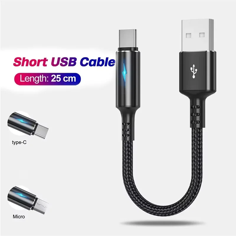 25cm Kurzes Nylon-Ladekabel Typ C/Micro USB 3A Schnellladung für Android-Handys Powerbank Ladezubehör Datenkabel
