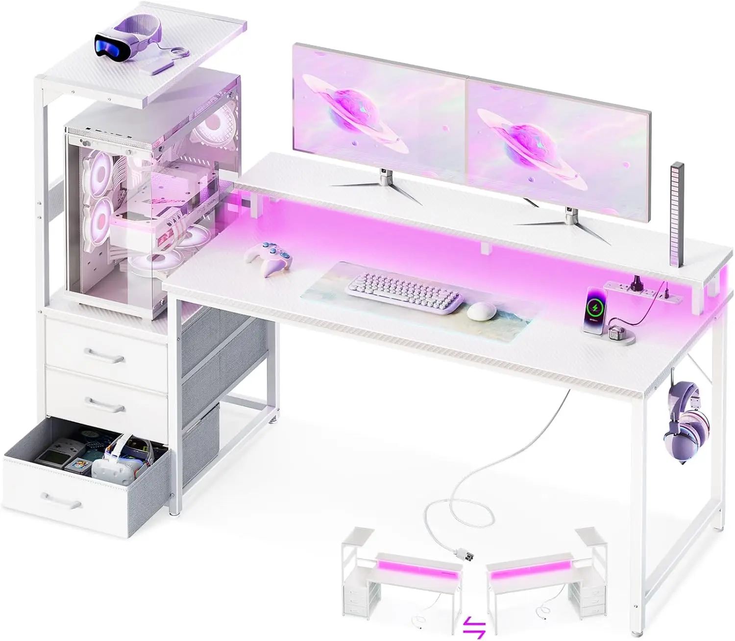 

59 Inch Gaming Desk with USB Charging Ports & LED Light - Reversible Computer Desk with 3 Fabric Drawers, Monitor Stand