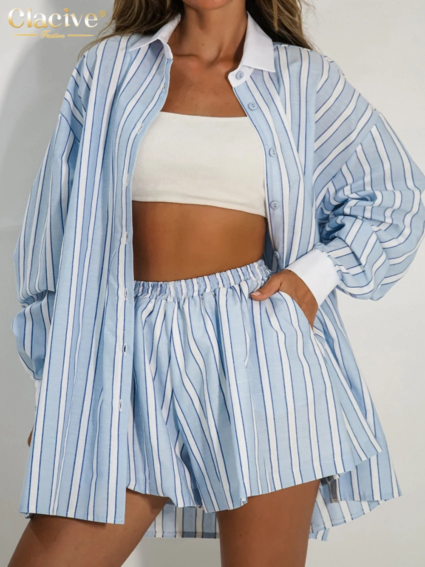 Clacive Fashion Loose Stripe Print 2 Piece Set Women Outfit 2024 Elegant Long Sleeve Shirt With High Waist Shorts Set Streetwear