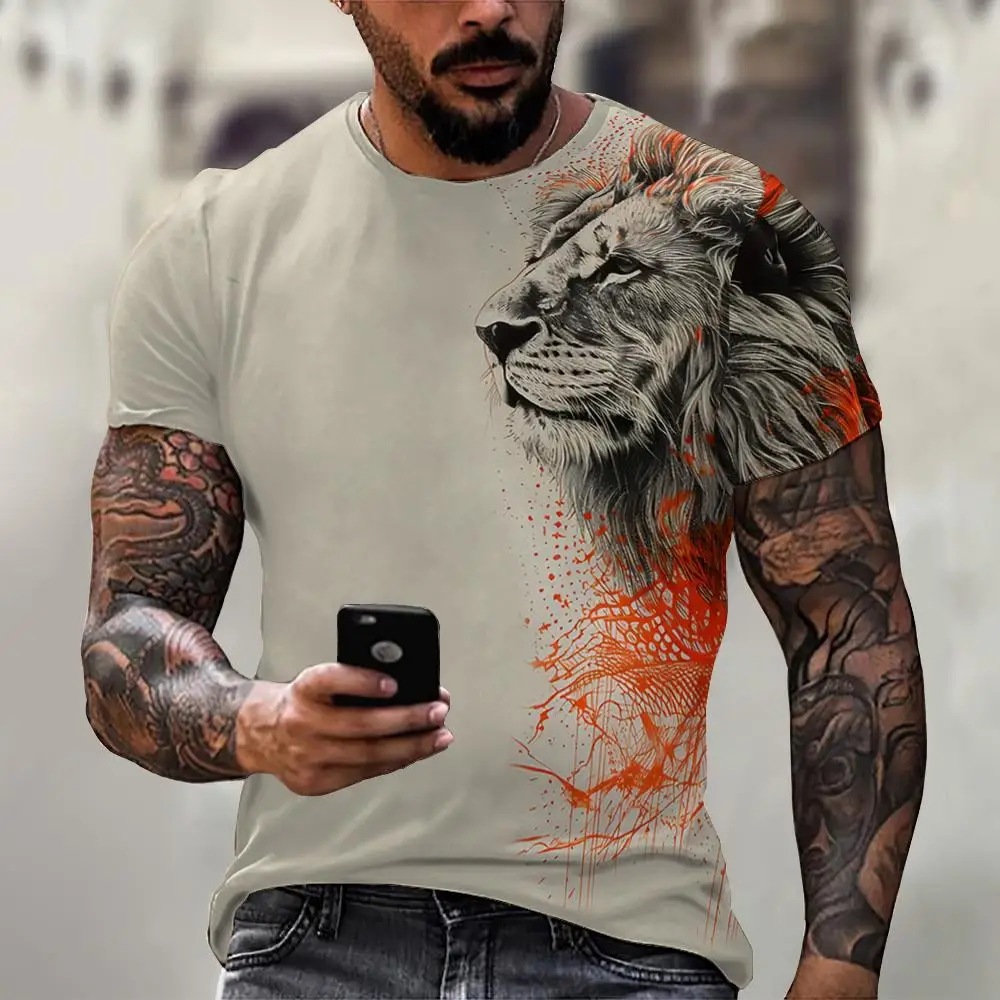 Vintage T-shirt Retro Animal Print T-shirt Tiger Lion Pattern Short sleeved T-shirt Streetwear Oversized Men Clothing Top Summer