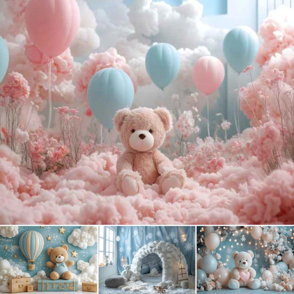 

Pink Blue Teddy Bear Backdrop Hot Air Balloon Clouds Newborn Boys Girls Birthday Shower Party Cake Smash Decor Photo Background
