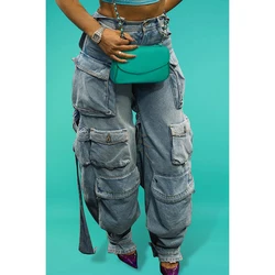 Plus size fashion women's jeans blue street casual spring and summer pocket workwear denim trousers