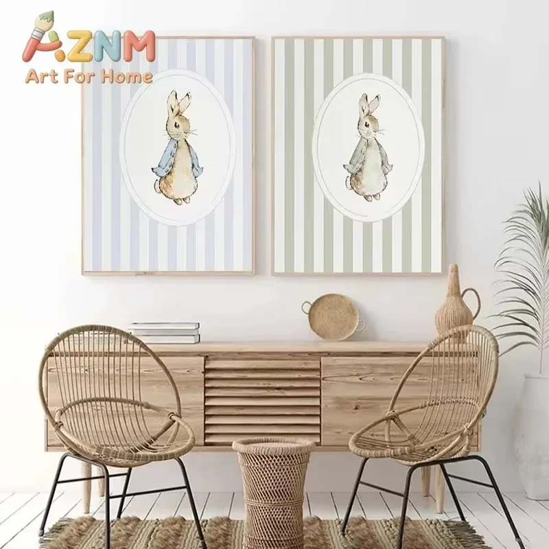 Nordic Cute Bunny Pushing Flower Cart Reading Poster Print Denim Bunny Hot Air Balloon Floral Glasses Canvas Art Home Room Decor