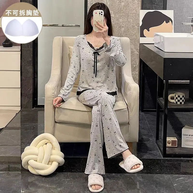 

Woman Pajamas Suit Spring Autumn with Chest Pad Sleepwear Lace Bow Tie Long Sleeve Pants Loose Leisure Outside Lady Loungewear
