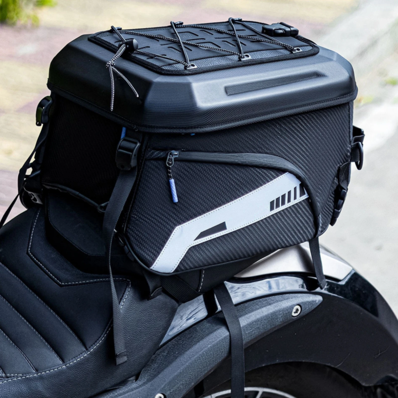 35-Liter Motorcycle Rear-Seat Storage Bag Reflective Motorcycle Tail Bag with Hard-Shell Top Large Capacity Water-Resistant