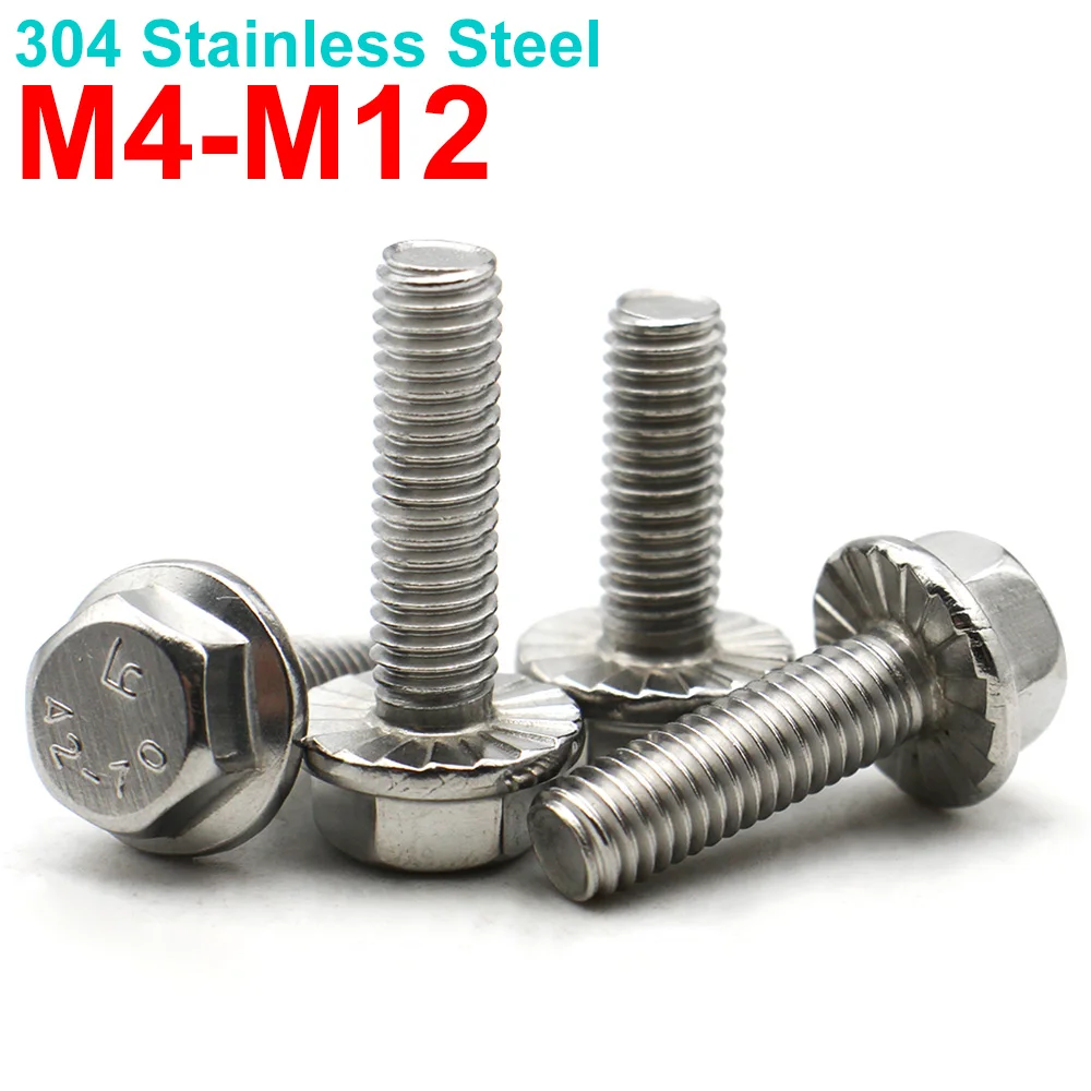 20-2pcs 304 Stainless Steel Hex Flange Bolt Serrated Flange Head Screw GB5787 M4 M5 M6 M8 M10 M12