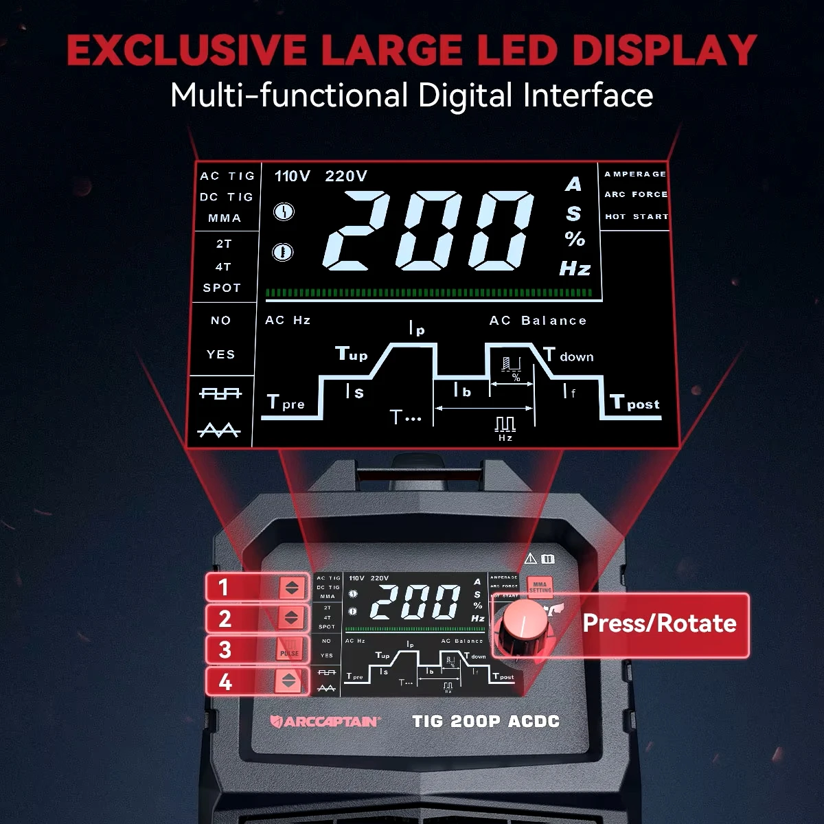 ARCCAPTAIN AC/DC Aluminium Tig Welding Machine 7-in-1 AC Pulse Square Triangular Welder 200A Digital Control HF TIG Stick 2T 4T