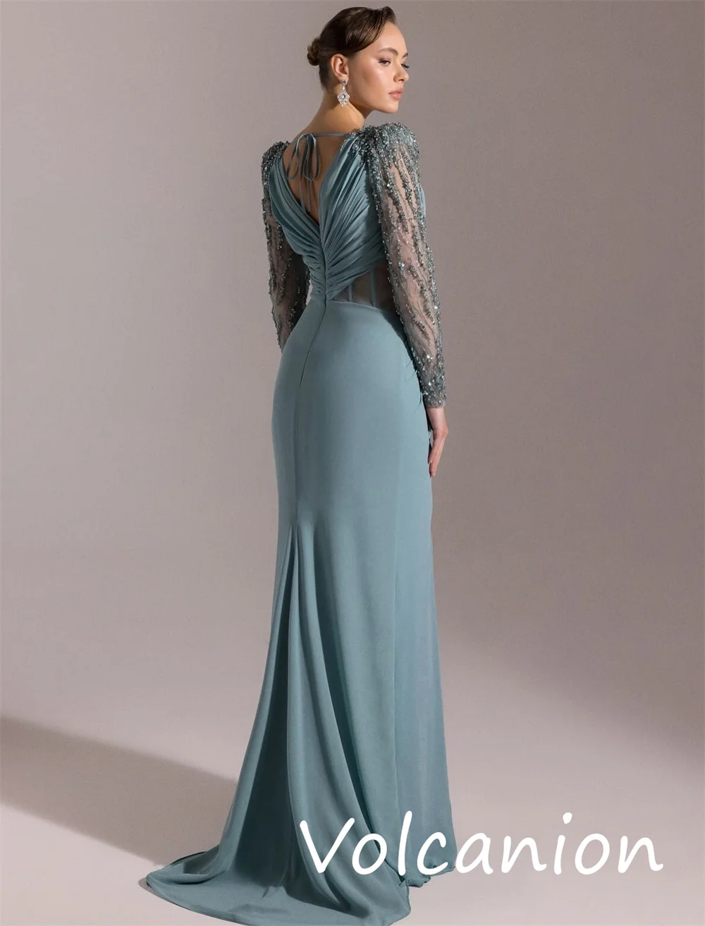 カスタマイズされたスパークルマッチングジャージスパンコールプリーツストレートVネックロングドレスオーダーメイドオケージョンファッション