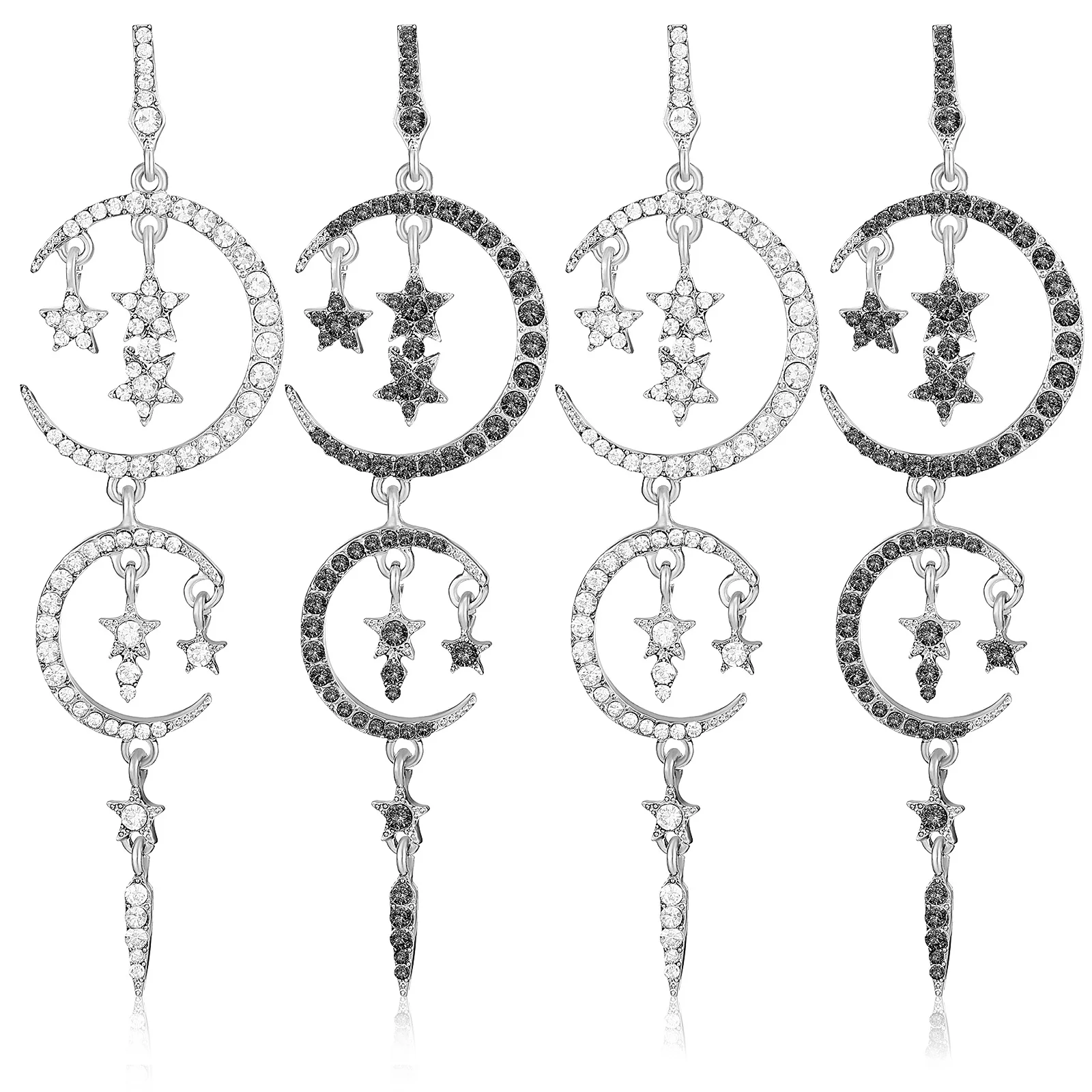 

2 Pairs Black Moon Rhinestone Earrings Women Non Allergy Drop Dangle Pendant Long Safe Premium Alloy Outfits Gifts