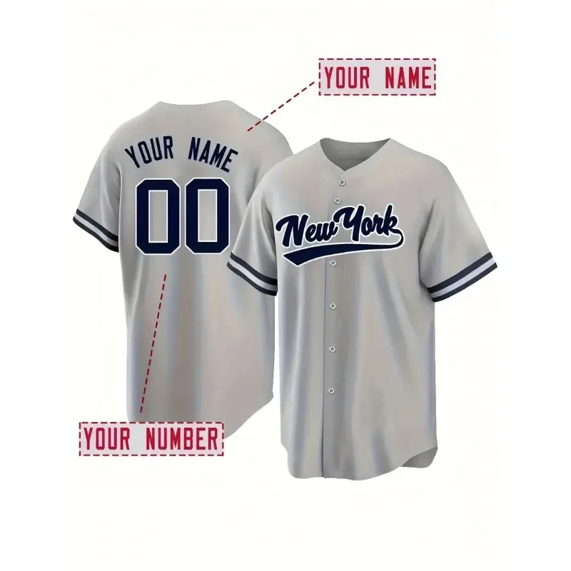 Custom Name and Number Men's Baseball Jersey Grey New York Embroidered Loose Breathable V-Neck Short Sleeve Button Up Sports Top