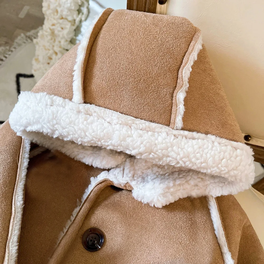 2024 Winter New Children Warm Lamb Fleece Coat Baby Vintage Hooded Jacket Plus Velvet Thick Boys Girls Cotton Padded Jacket