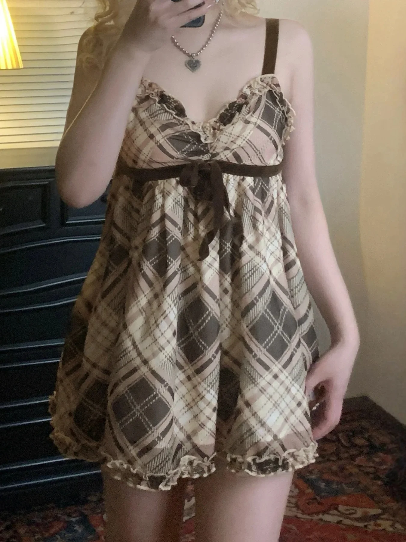 

Sweet Plaid Bow Cute Simple Camisole Dresses Tops Fashion All-Match Retro Women Home Clothing