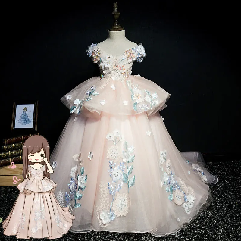 Children's Formal Flower Host Show Piano Performance Girl Princess Dress with Train Sum