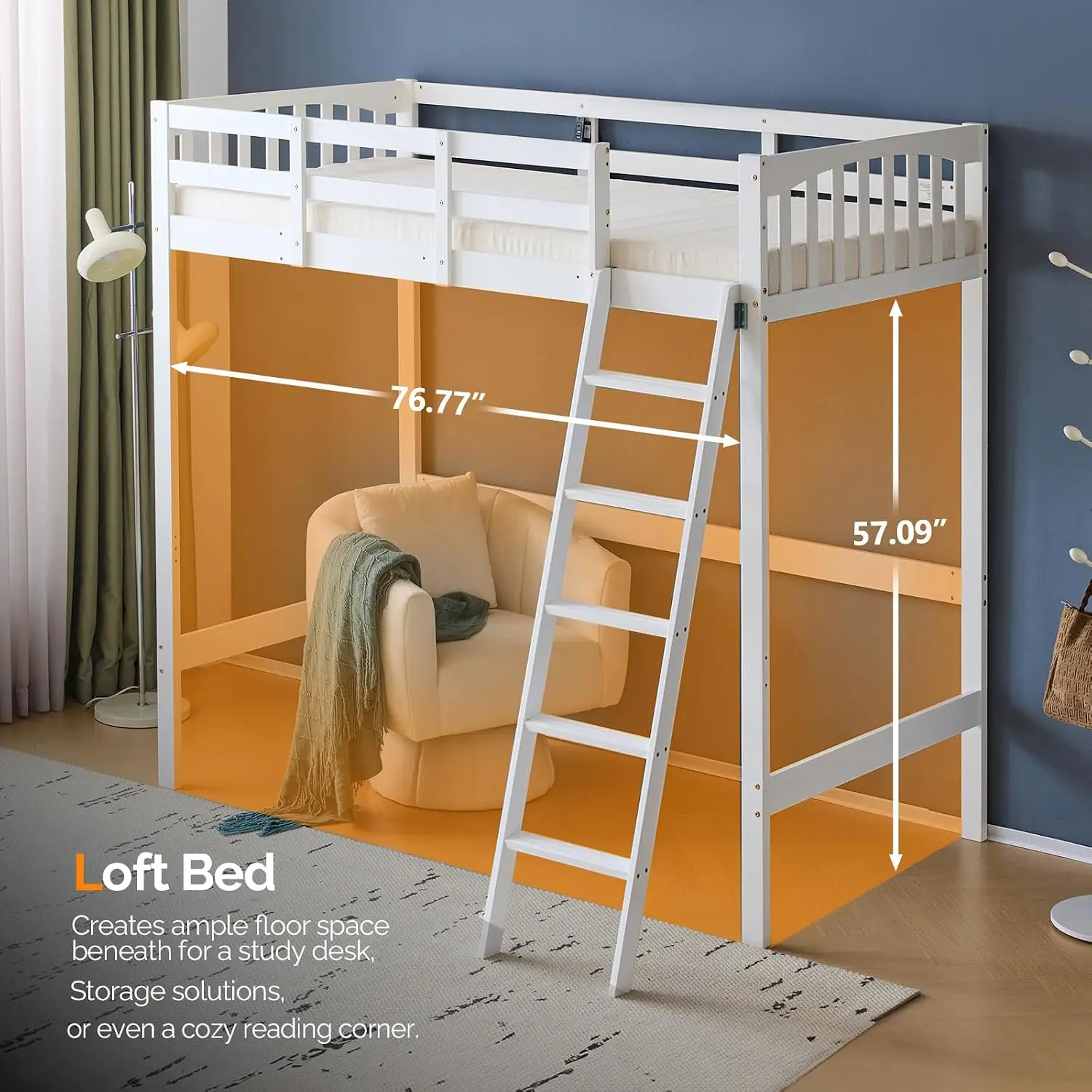 Loft Bed Twin Size with USB Charging Station/LED, Solid Wood Single Loft Bunk Bed with Flat Rungs for Kids/Teens/Adults, 15 inch