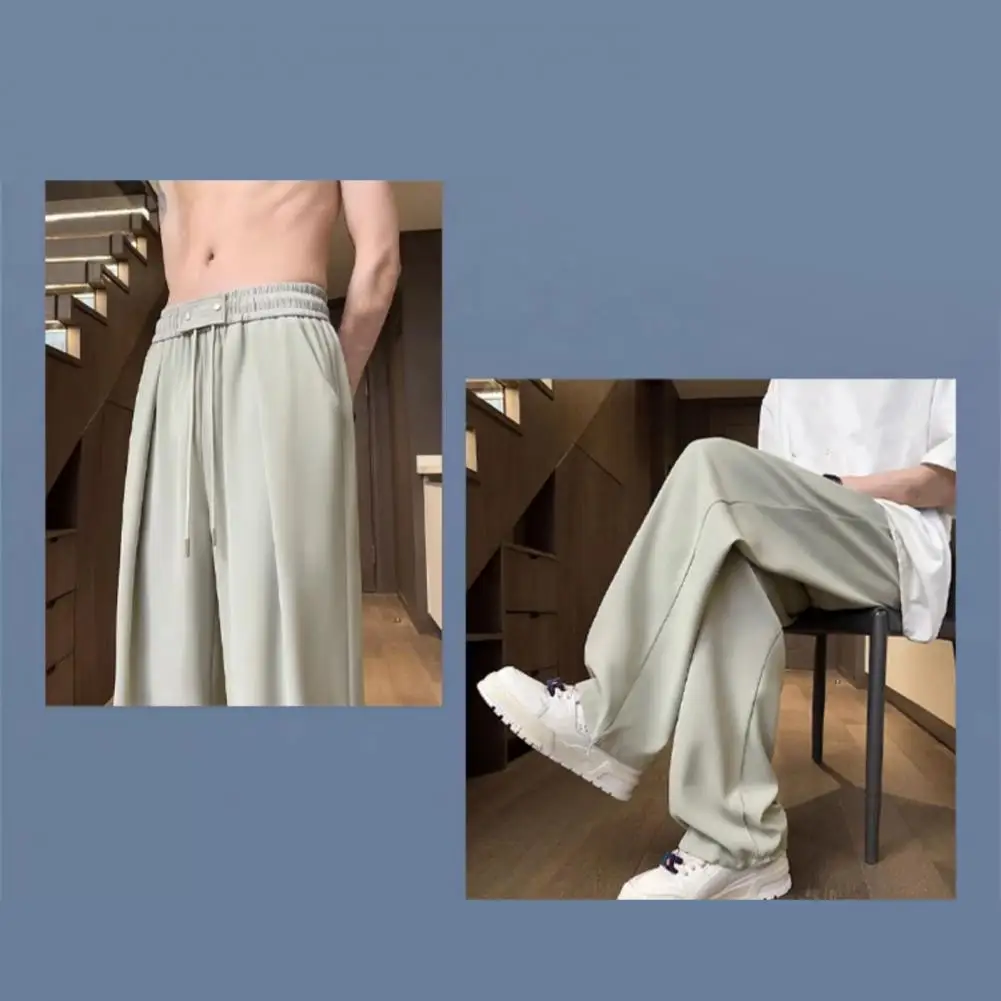

Adjustable Waist Circumference Pants Men's Drawstring Waist Casual Trousers with Reinforced Pockets for Daily Wear Solid Color