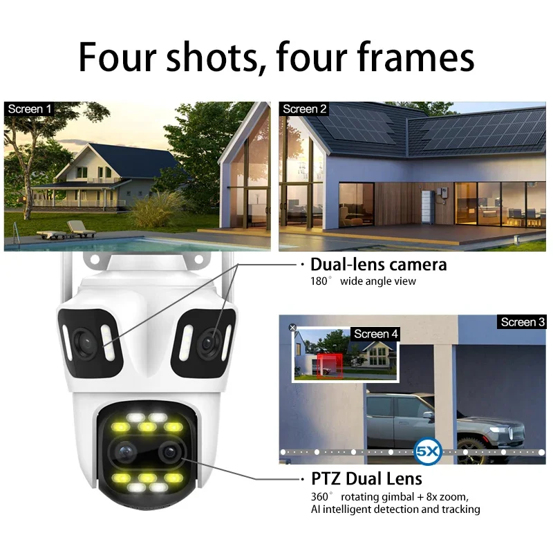 AIOOK FourLens WIFI Camera 8X ZOOM HD 8MP Outdoor Camera Waterproof Night Vision Two-Way Intercom ICSEE IP CCTV Mobility Track