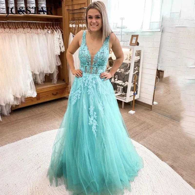 

blue green robe demoiselle d honneur femme sexy v neck tulle applique elegant dress women for wedding party long evening Gowns