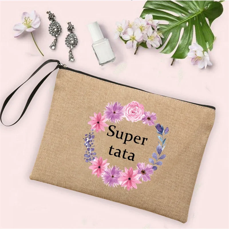 Super Tata พวงหรีดพิมพ์ผ้าลินิน Zipper Pouch Travel ตัวจัดระเบียบกระเป๋าเครื่องแป้ง Tas Kosmetik ผู้หญิง Neceser แต่งหน้ากระเป๋าของขวัญ Tata