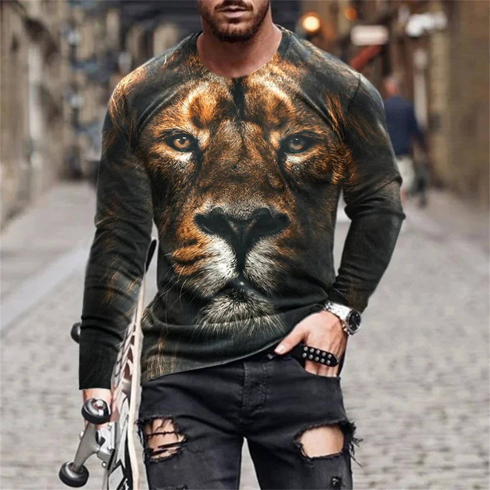

Fashionable New Animal Lion Print Men's O-neck Long Sleeved T-shirt Casual Oversized Pullover Round Neck Comfortable Top