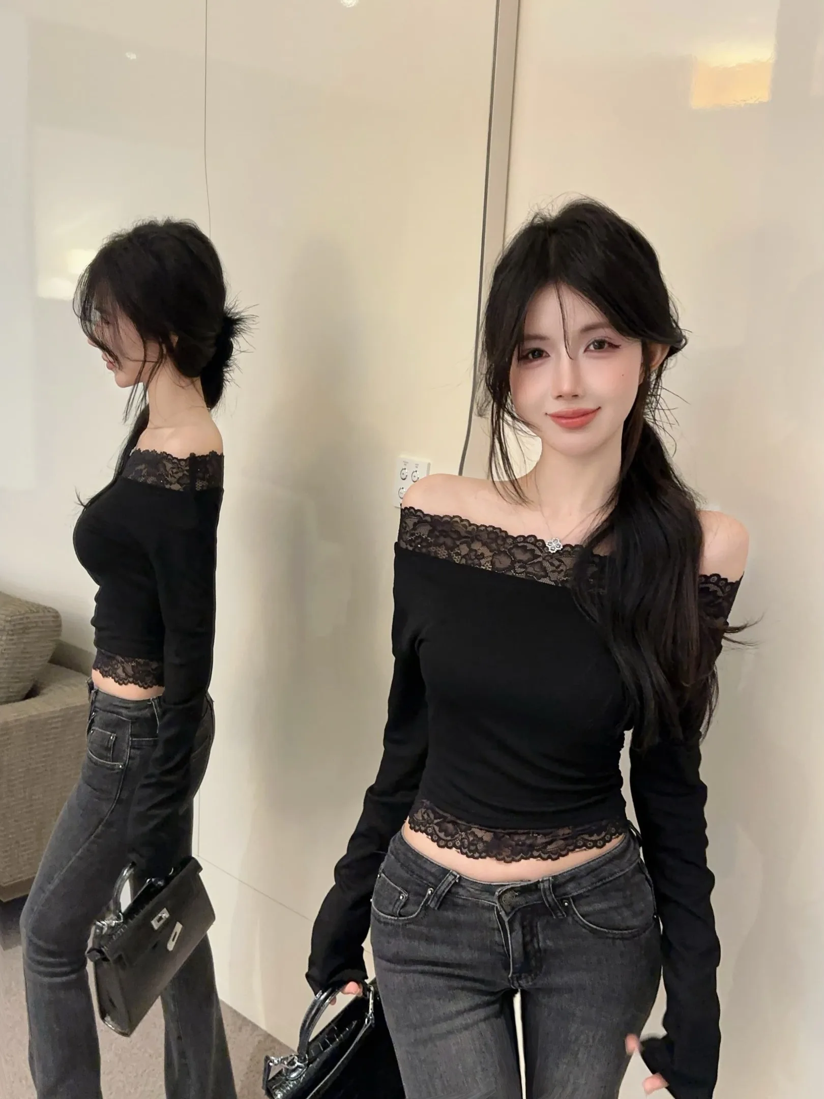 Elegant Chic Autumn New Style Side Shoulder Lace Splice Slim Fit Base Shirt Shoulder Exposure Short Top Sweet And Spicy