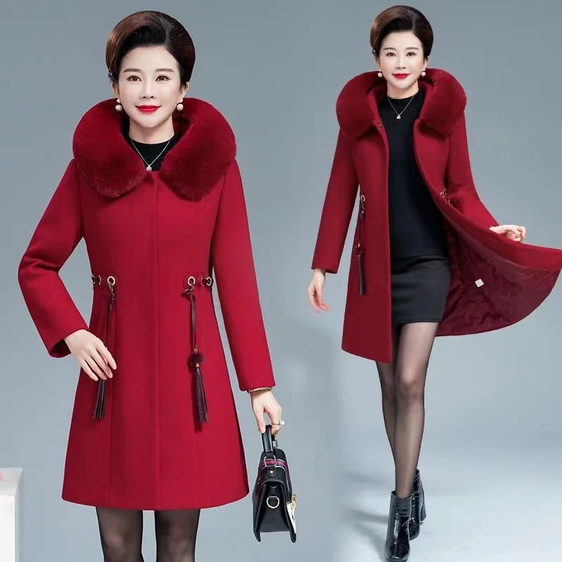 

5XL Women Wool Blends Coat 2023 Autumn Winter Fashion High Quality Mother Thicke Long Woolen Jacket Slim Tops Outerwear Female