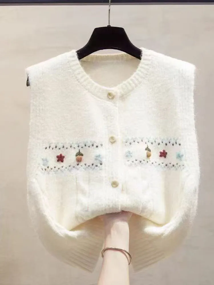 Retro Embroidered Flower round Ne Knitted Vest Women's Svel Open Cardigan New Sle High Faion Layered Top