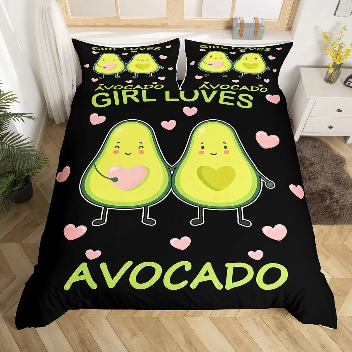 Set copripiumino frutta, simpatico cartone animato Avocado Decor Set biancheria da letto 3 pezzi con 2 federe, Queen King Full Size, Paprika verde