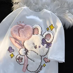 Cartoon Flocking T-shirts Women S-4XL Clothing Baggy Tops Kawaii Designer Sweet Embroidery Girls Kpop Fashion Camisetas Summer