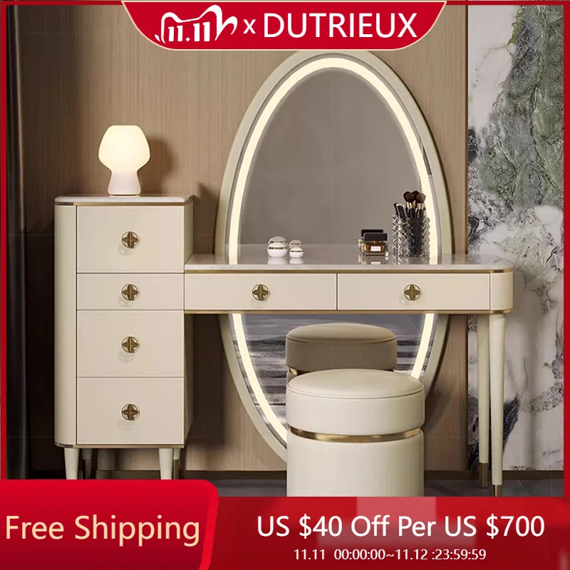 

Luxury Modern Vanity Table Mirror Chair Makeup Bedroom Dressing Table Storage Girl Wood Cheap Penteadeira Postmodern Furniture