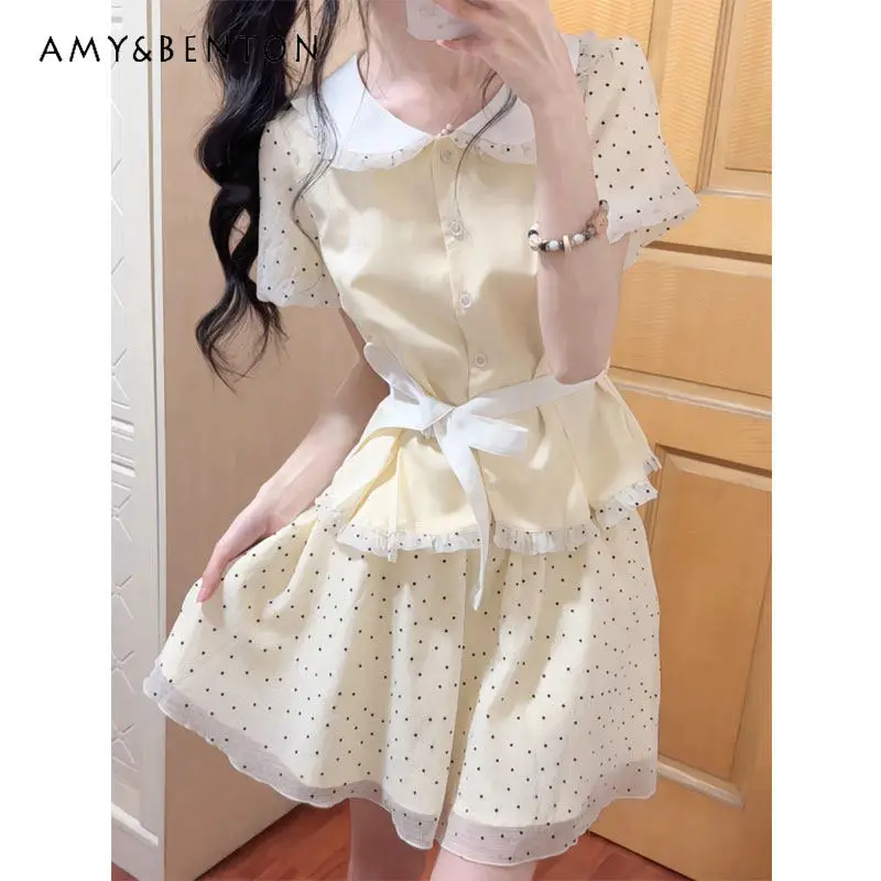

Big Girls Sweet Preppy Style Yellow Peter Pan Collar Short Sleeve Blouse Set 2026 New Summer Kids Slim A-line Polka Dot Skirt