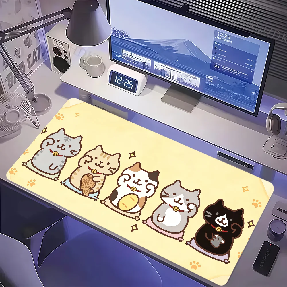Keyboard Mouse Bundle Gaming - แผ่นรองเมาส์ลายแมวน่ารักฟูกุ นยังโกะ ขนาดใหญ่ กันลื่น ขอบเย็บล็อก สำหรับโต๊ะคอมพิวเตอร์